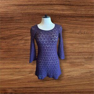 Knitted & Knotted Purple Loose Knit Fitted Mini Dress Wool Sheer S 3/4 Sleeves